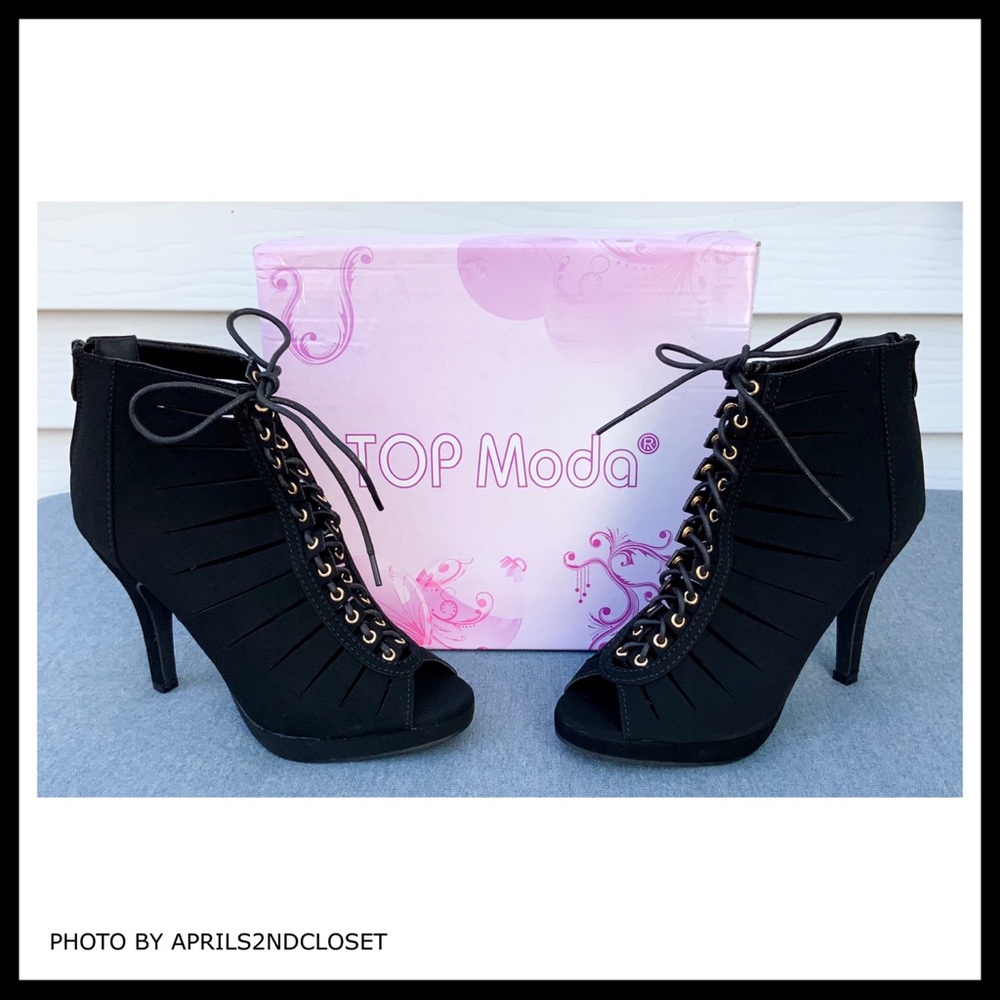 BLACK ANKLE BOOTIES LACE UP PEEP TOE HEELS A3C - Picture 4 of 8